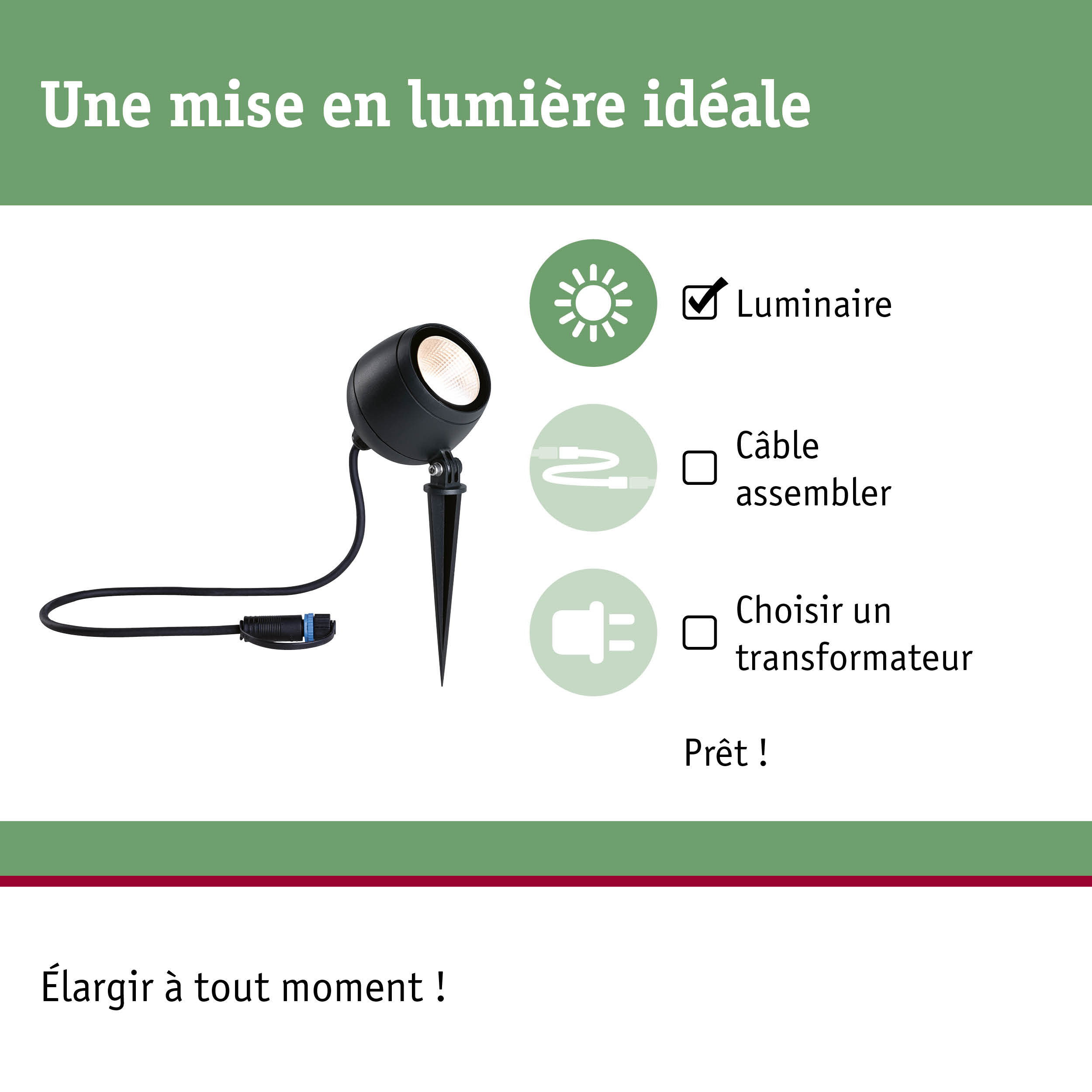 Projecteur extérieur noir avec piquet de terre et câble, matériau résistant aux intempéries