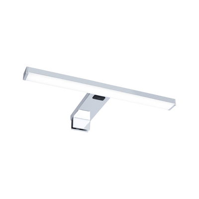 Applique miroir LED chromée moderne avec barre lumineuse fine et interrupteur tactile pour salle de bain