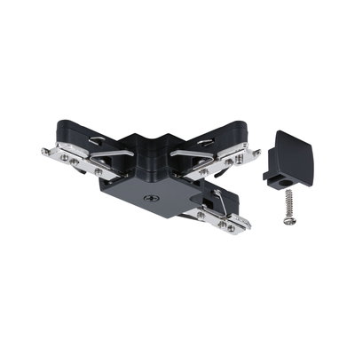 Black plastic and metal connector with screw for modular track lighting systems and accessories