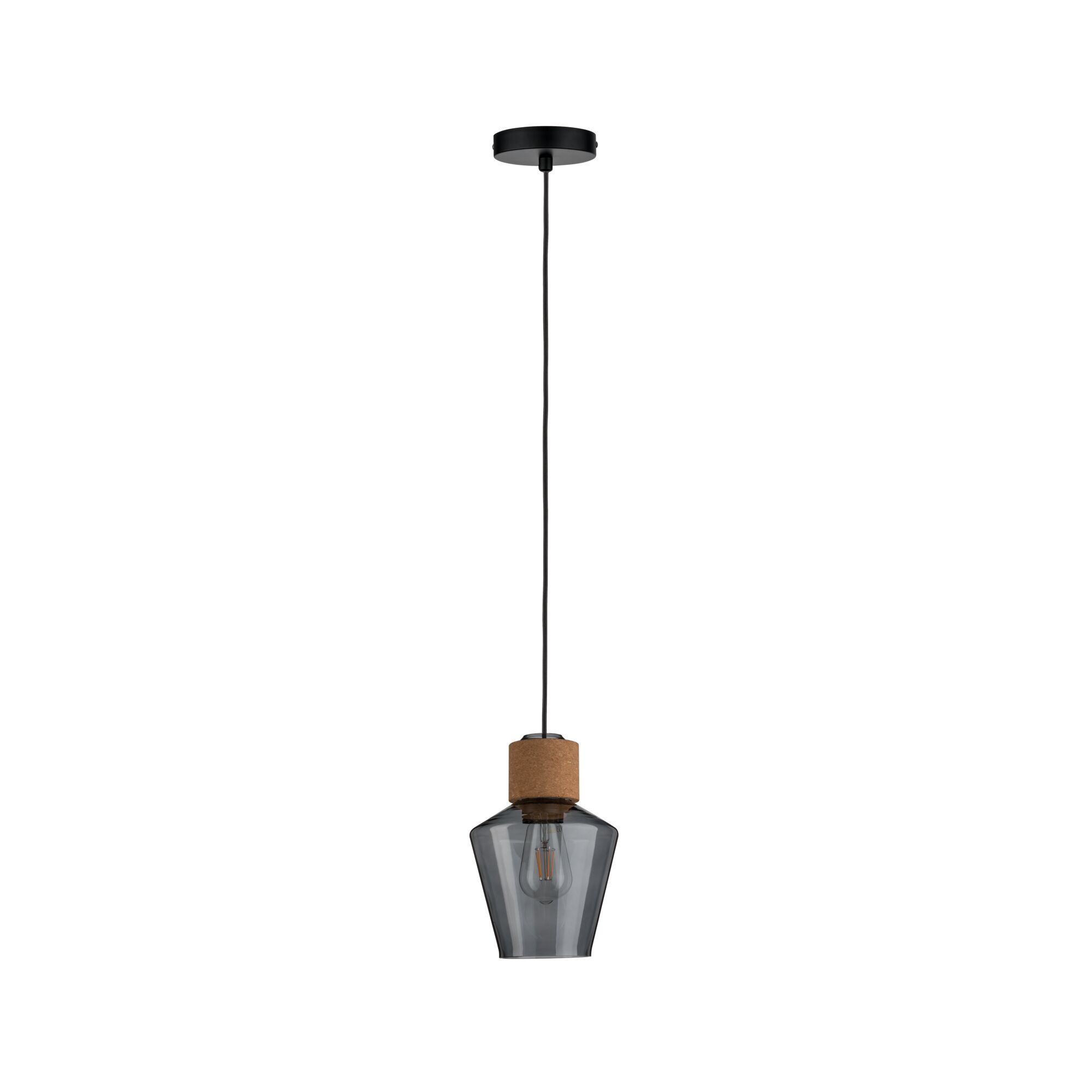 Moderne hanglamp van rookglas met kurkdetail en zwarte kabel voor sfeervolle verlichting thuis