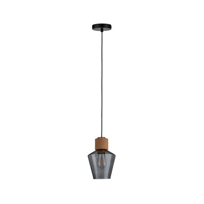 Moderne Pendelleuchte aus rauchgrauem Glas mit Korkelement und schwarzem Kabel für Wohnräume