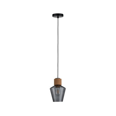 Moderne Pendelleuchte aus rauchgrauem Glas mit Korkelement und schwarzem Kabel für Wohnräume