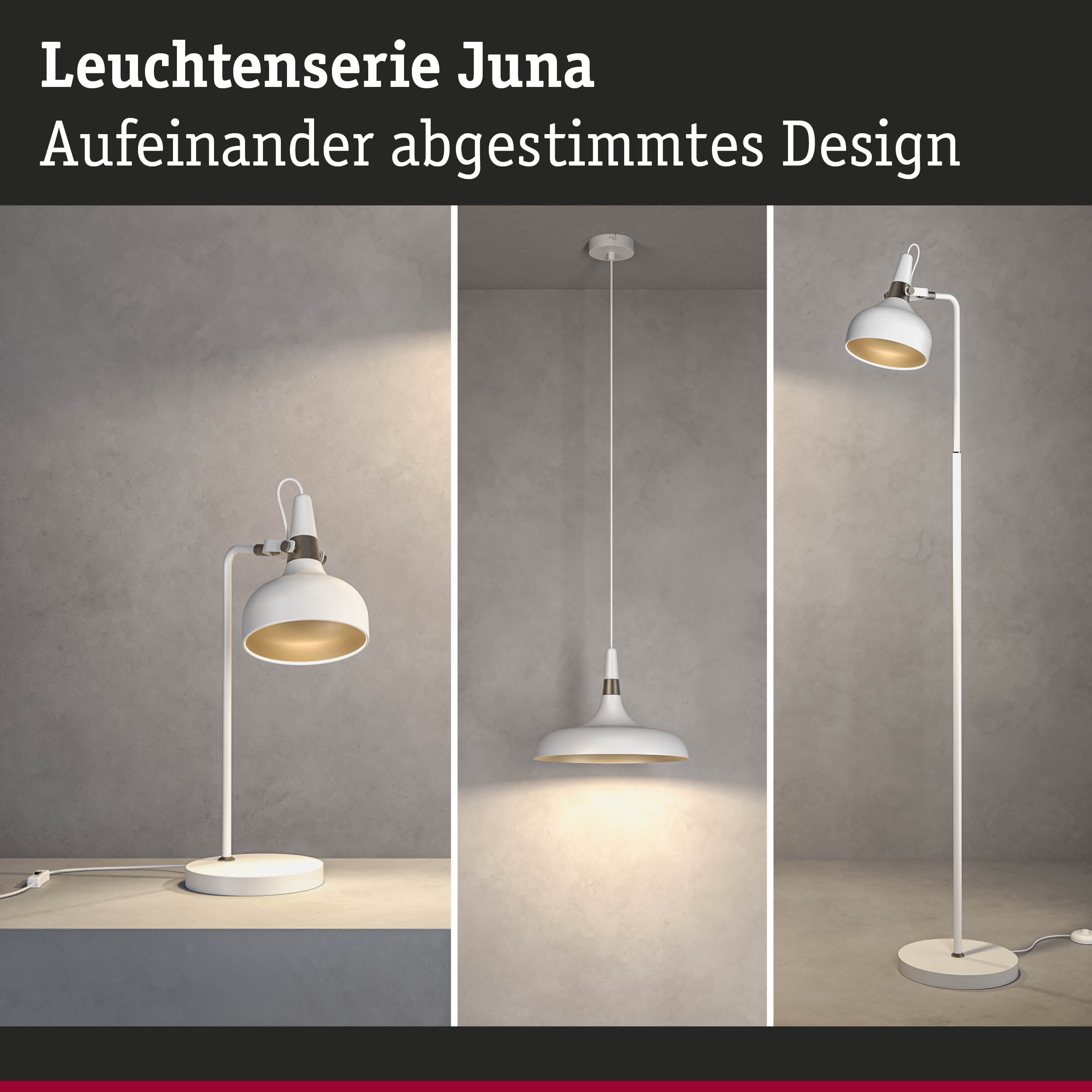 Leuchtenserie Juna mit abgestimmtem Design in Weiß, bestehend aus Tisch-, Pendel- und Stehleuchte