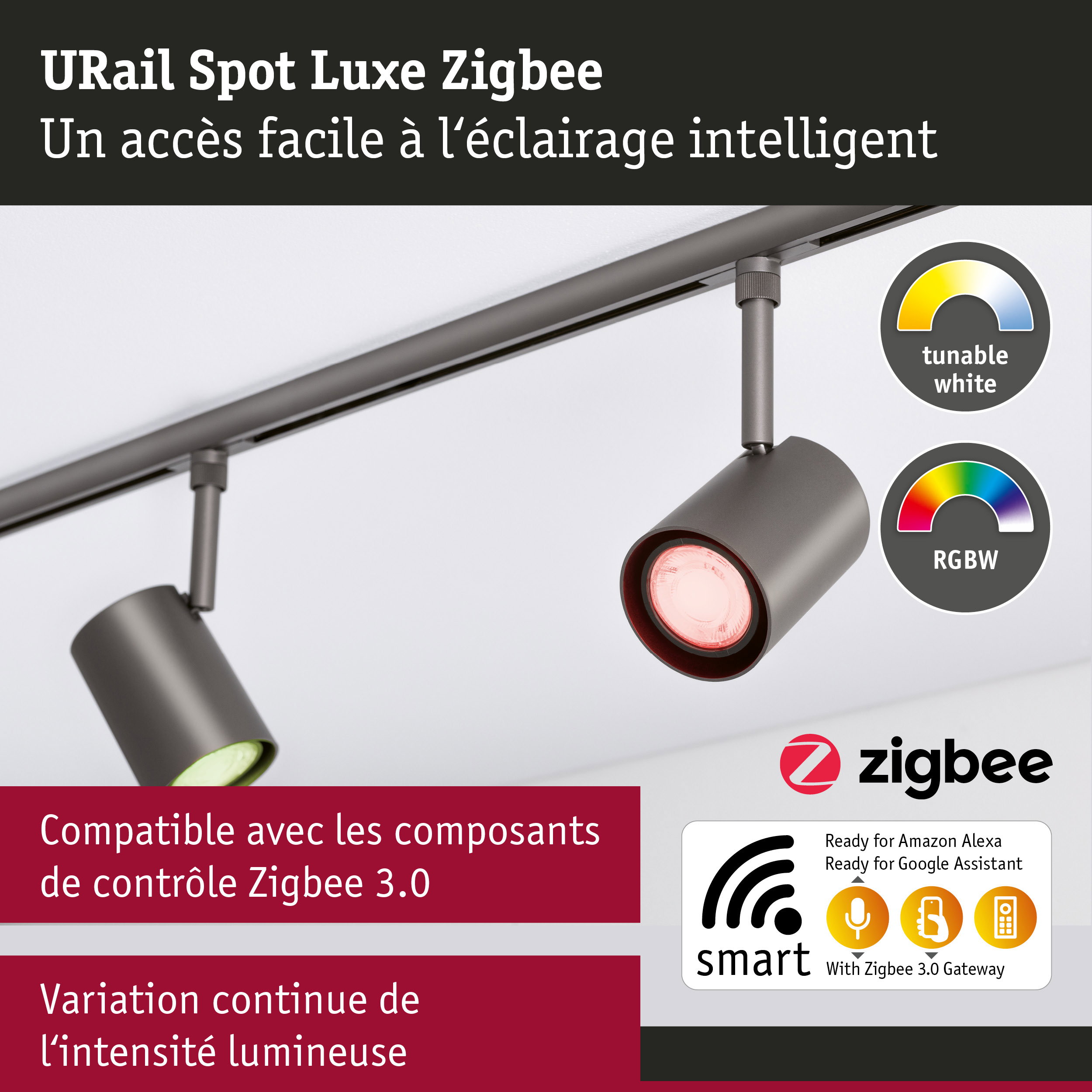 URail Spot sur rail Smart Home Zigbee 3.0 Luxe GU10 350lm 4,8W RGBW gradable 230V Titanium