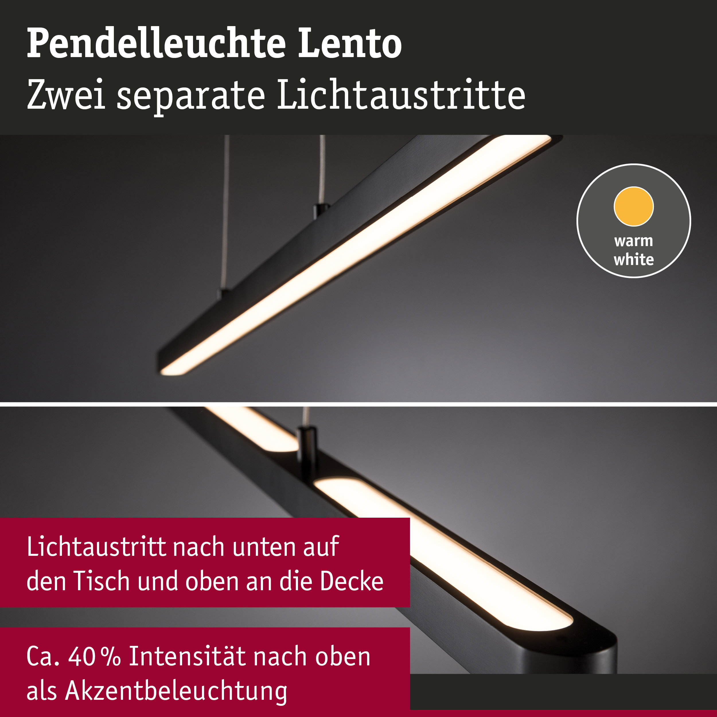 Pendelleuchte Lento in Schwarz mit warmweißem Licht und zwei separaten Lichtaustritten für Akzentbeleuchtung