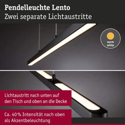 Pendelleuchte Lento in Schwarz mit warmweißem Licht und zwei separaten Lichtaustritten für Akzentbeleuchtung