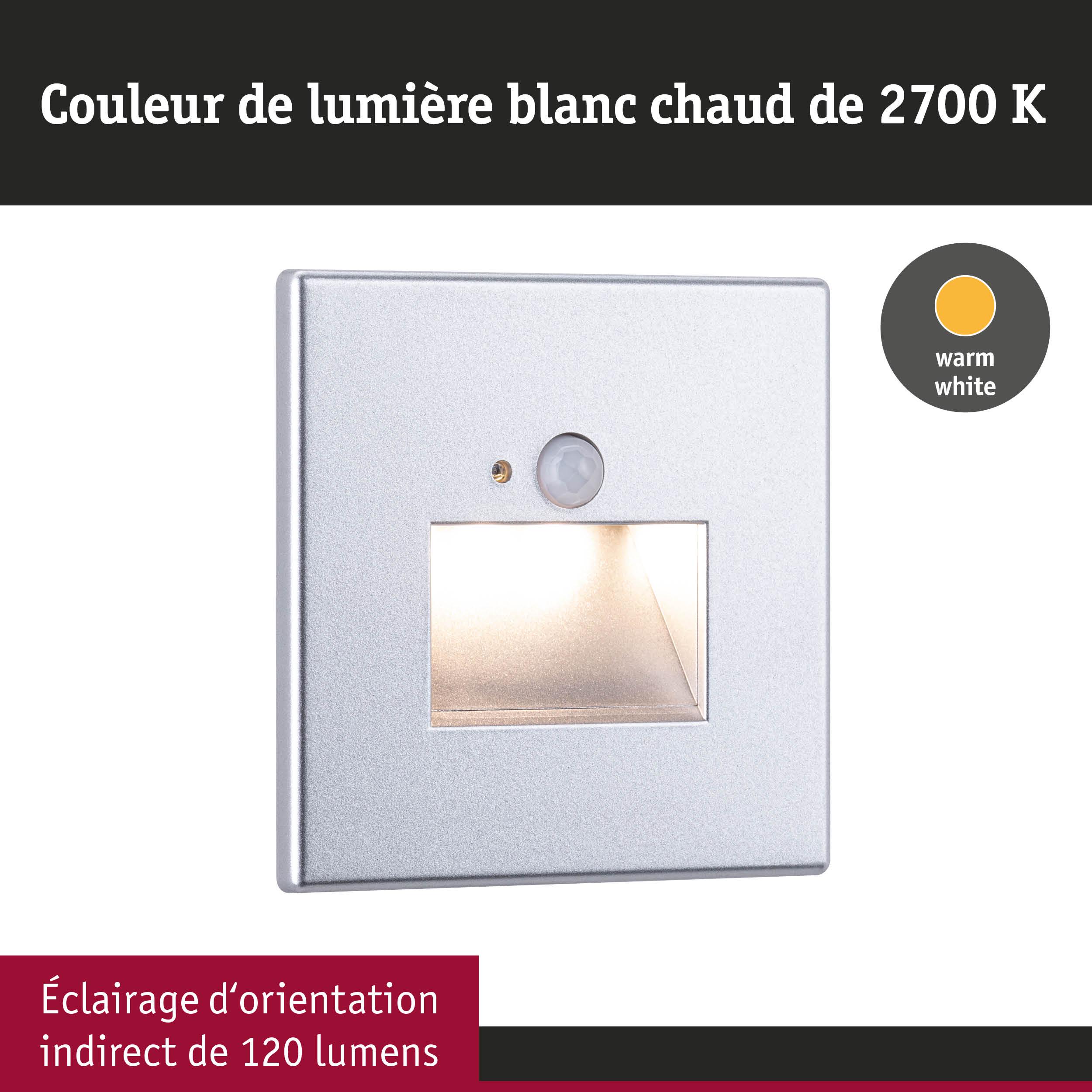Éclairage d’orientation indirect en métal argenté avec lumière blanc chaud 2700K et 120 lumens
