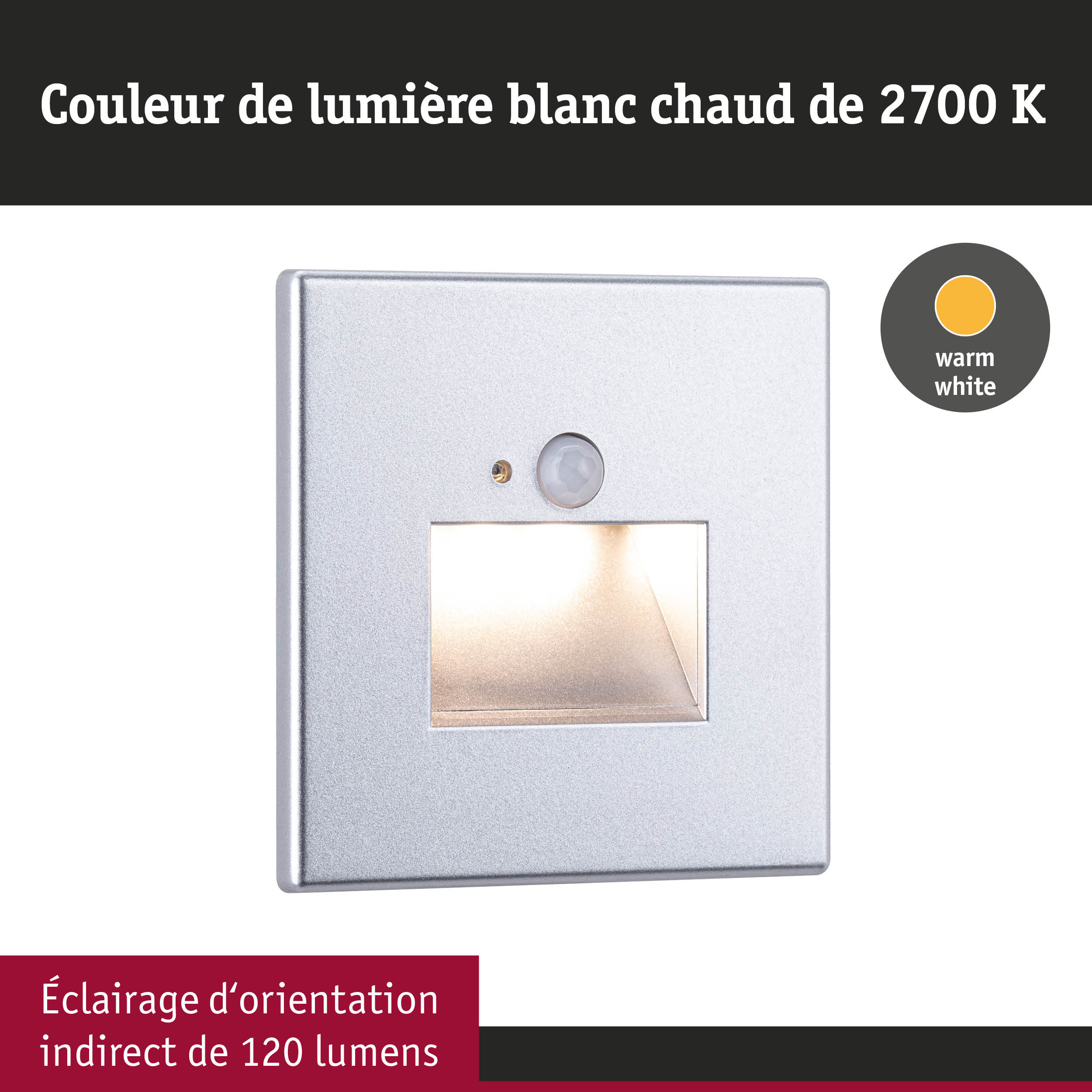 Applique murale LED argentée avec lumière blanc chaud 2700K et 120 lumens pour éclairage d’orientation