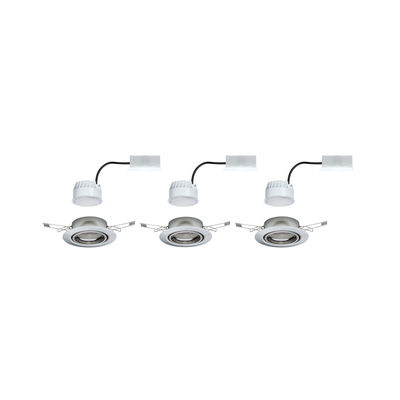 Three white LED recessed spotlights with silver trim and connector cable for modern room lighting