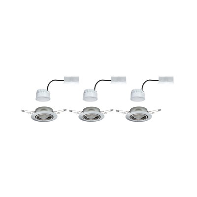 Trois spots encastrés LED blancs avec cadre argenté et câble de connexion pour éclairage moderne