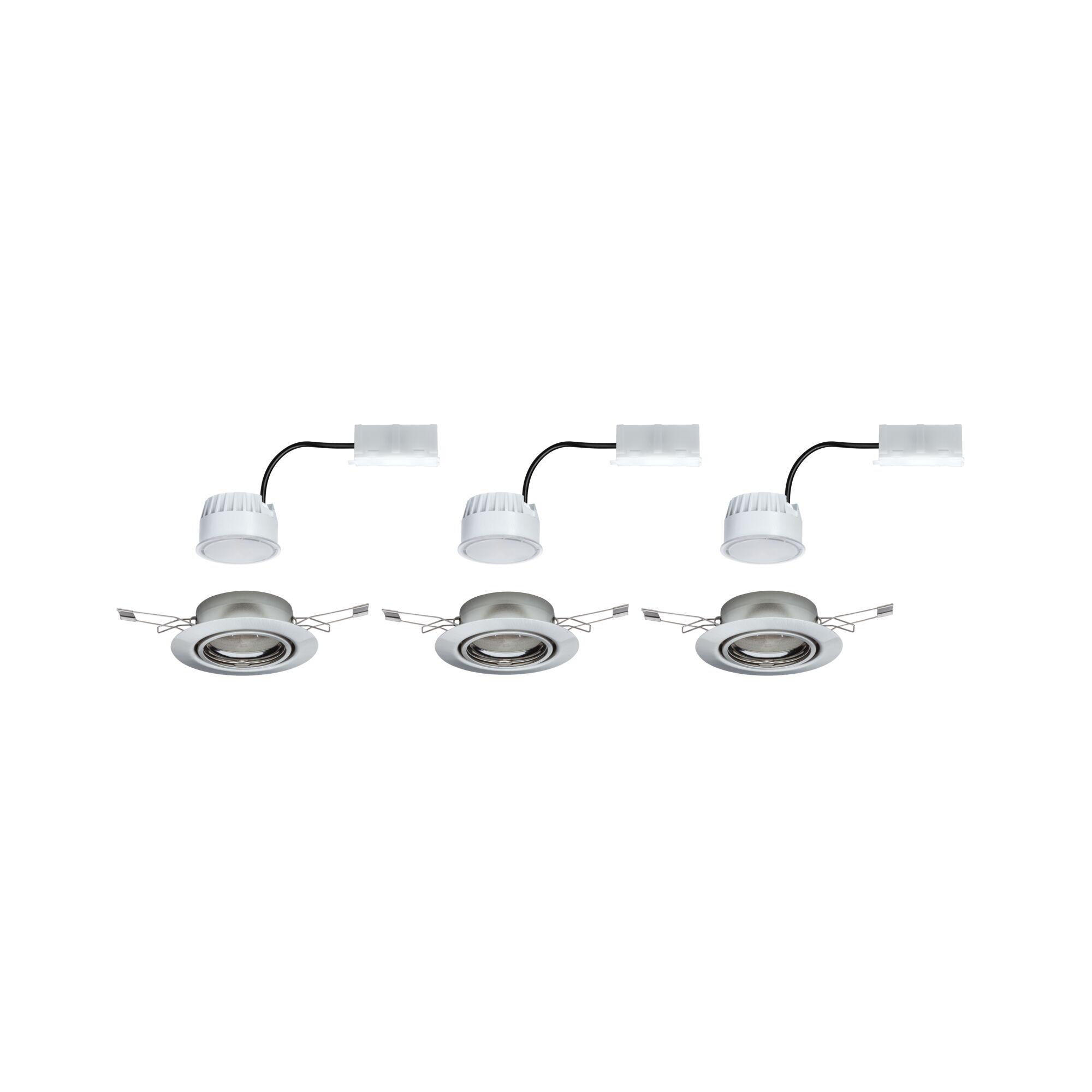 Three white LED recessed spotlights with metal frame and cable connector for modern indoor lighting