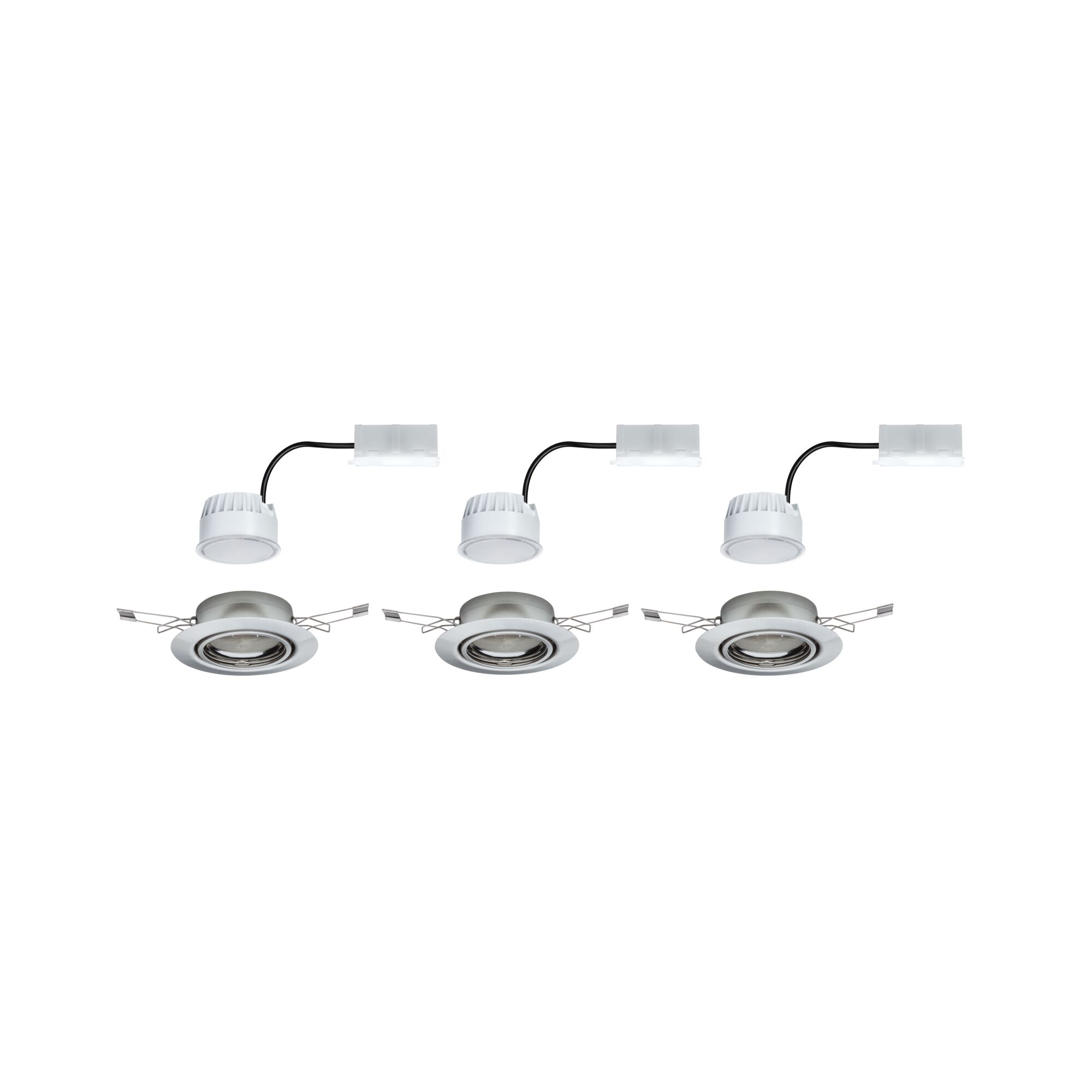 Drie witte LED-inbouwspots met metalen frame en kabelconnector voor moderne binnenverlichting