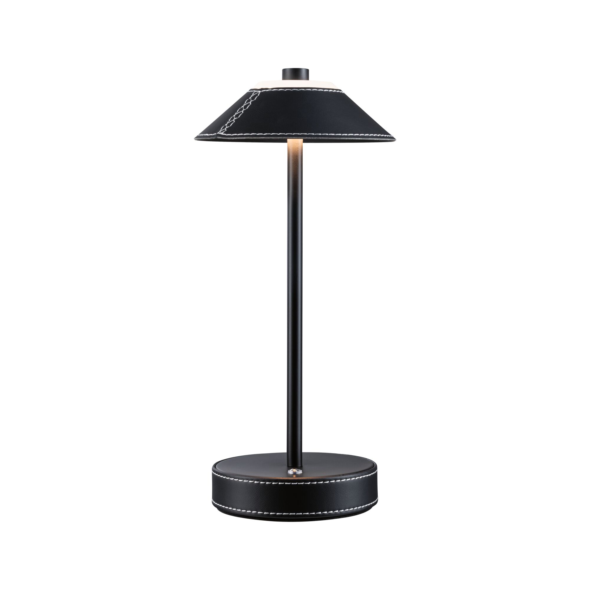 Lampe de table noire en cuir avec couture blanche, éclairage LED moderne pour intérieur.