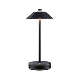 Black table lamp with leather cover and white stitching, modern LED lighting for living spaces.