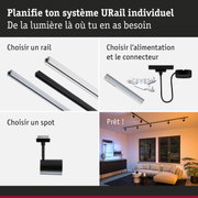 Système modulaire URail avec rails en aluminium noir et blanc pour éclairage LED flexible.