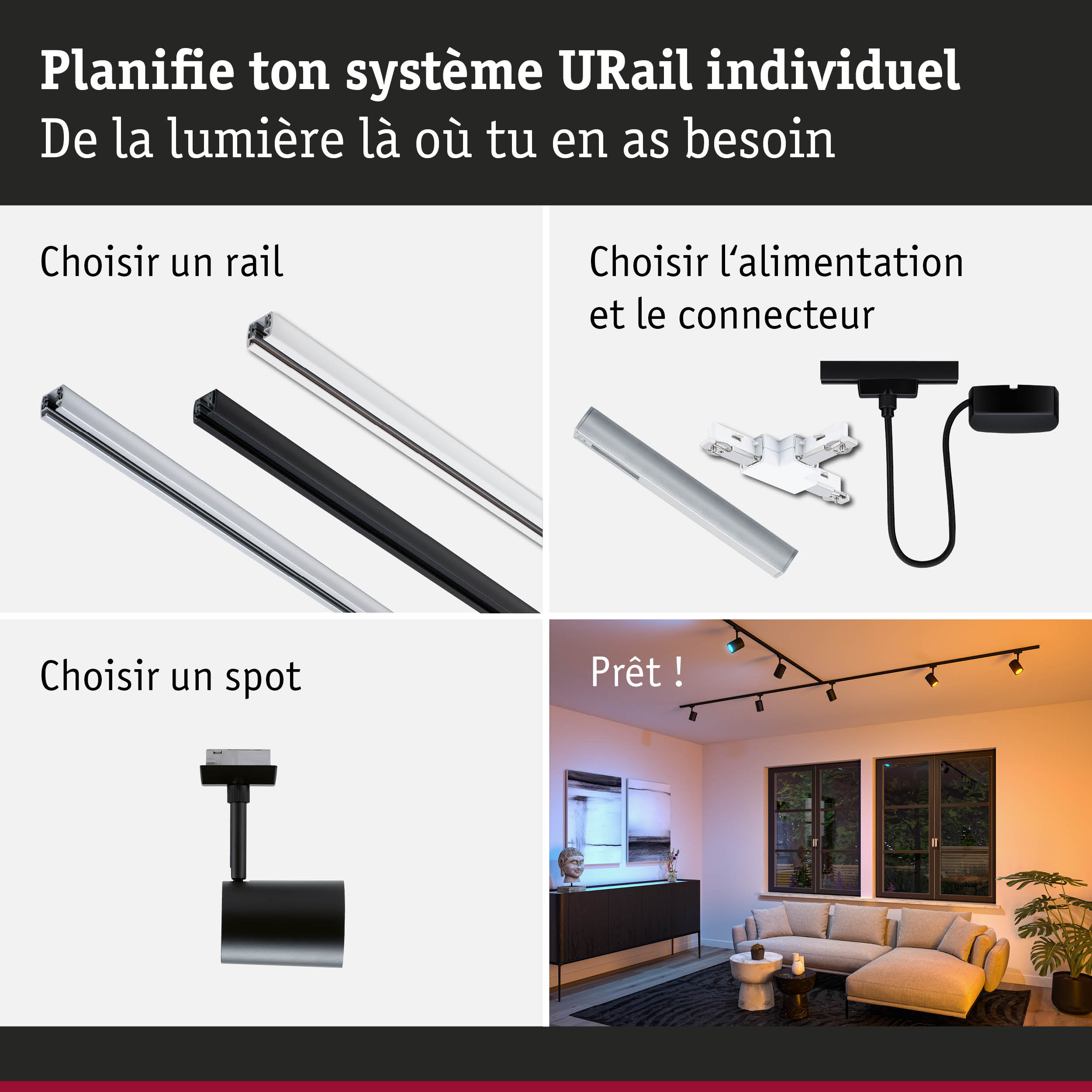 Système modulaire URail avec rails en aluminium noir et blanc pour éclairage LED flexible.