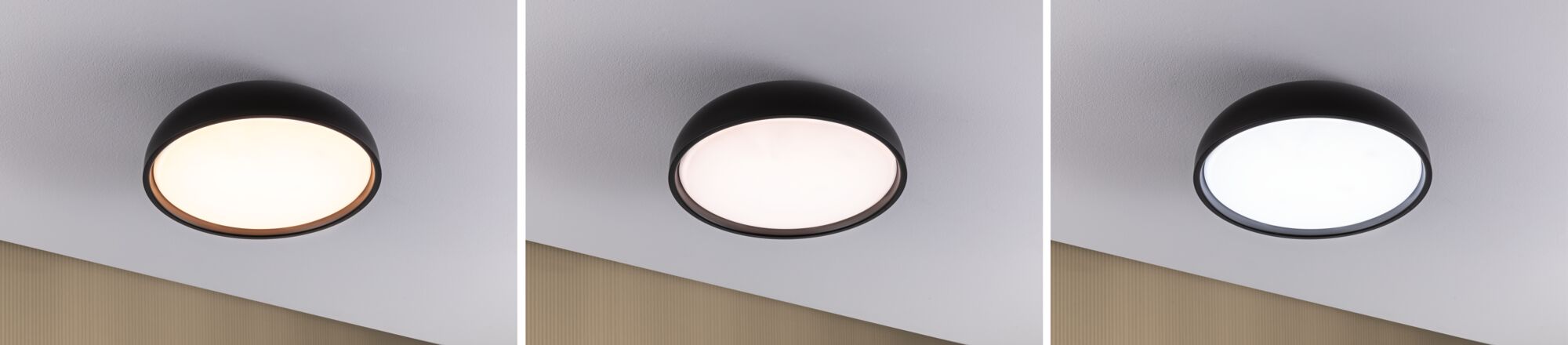 Drei runde schwarze Deckenleuchten aus Metall mit variabler Lichtfarbe von warm bis kaltweiß