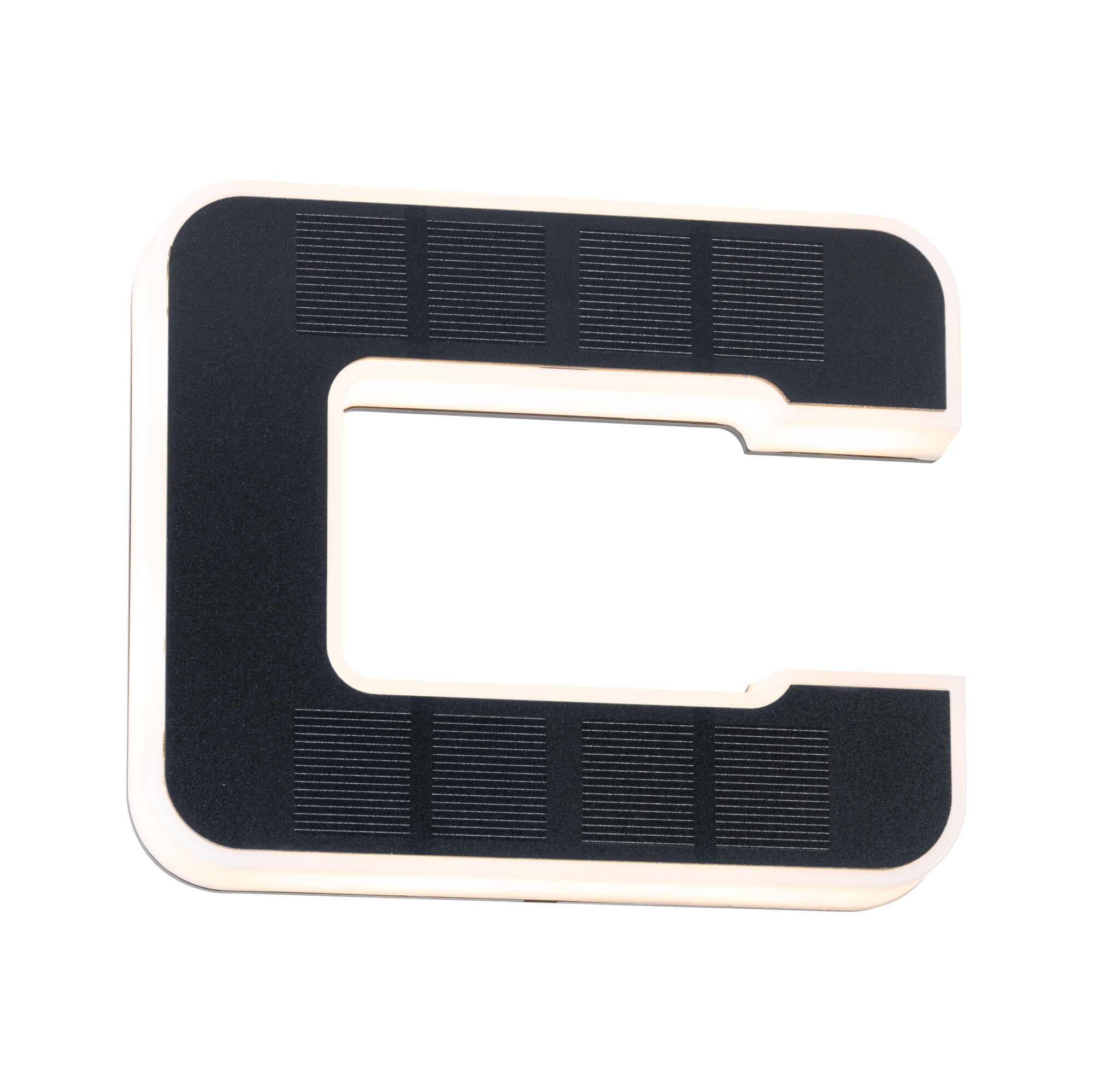 Modern C-shaped black LED ceiling light with warm white illumination for living spaces