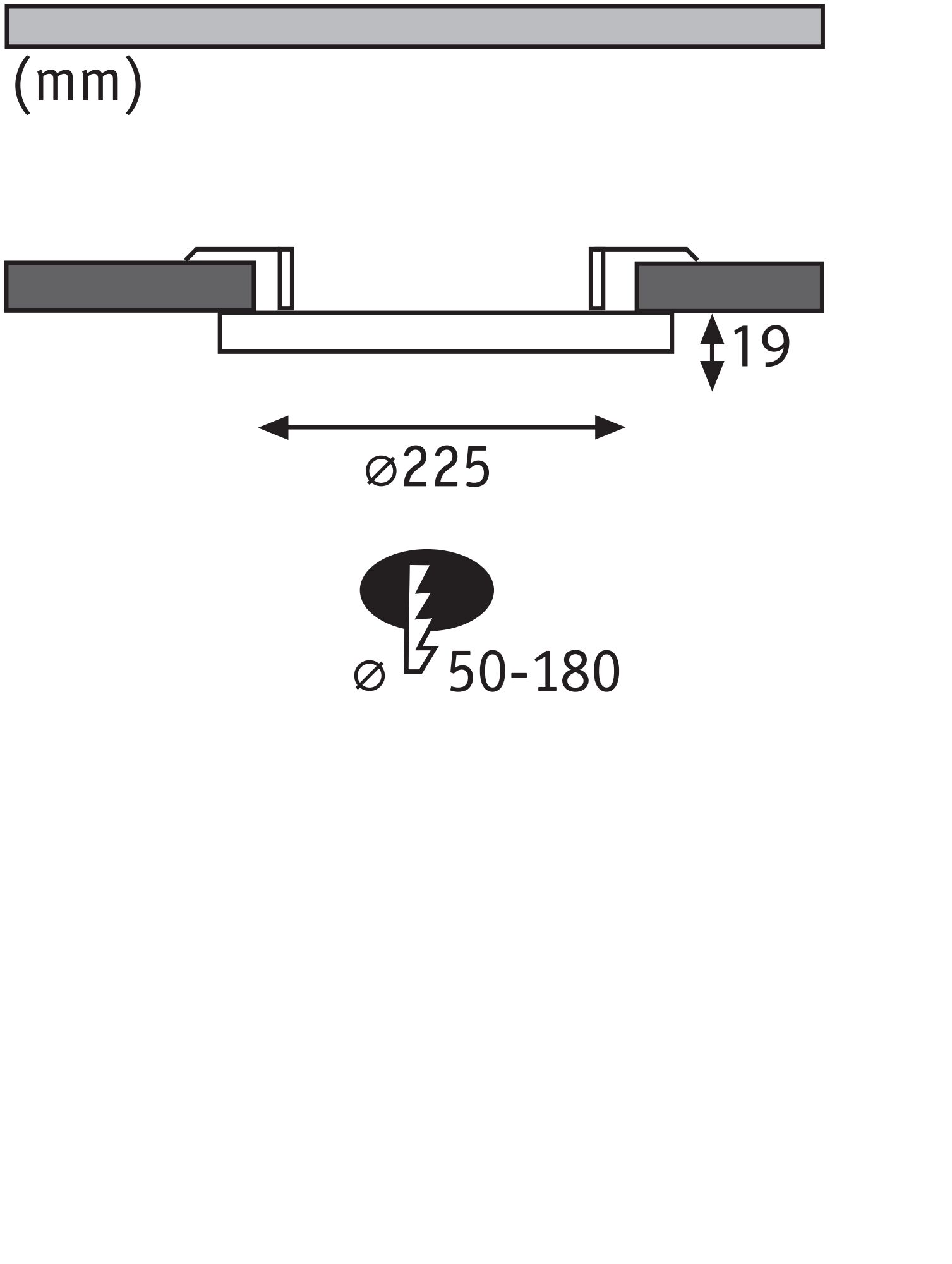 Technische Zeichnung mit Maßen 225 mm Durchmesser und 19 mm Höhe für LED-Einbauleuchte.