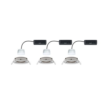 Three white LED recessed spotlights with silver metal frame and black power box for modern room lighting