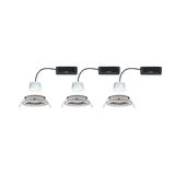 Three white LED recessed spotlights with silver metal frame and black power box for modern room lighting