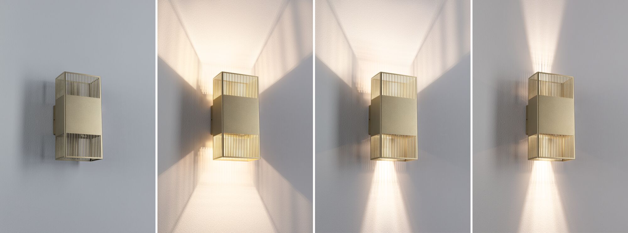 Moderner goldfarbener Metall-Wandleuchter mit Gitterdesign und variabler Lichtstreuung an weißer Wand