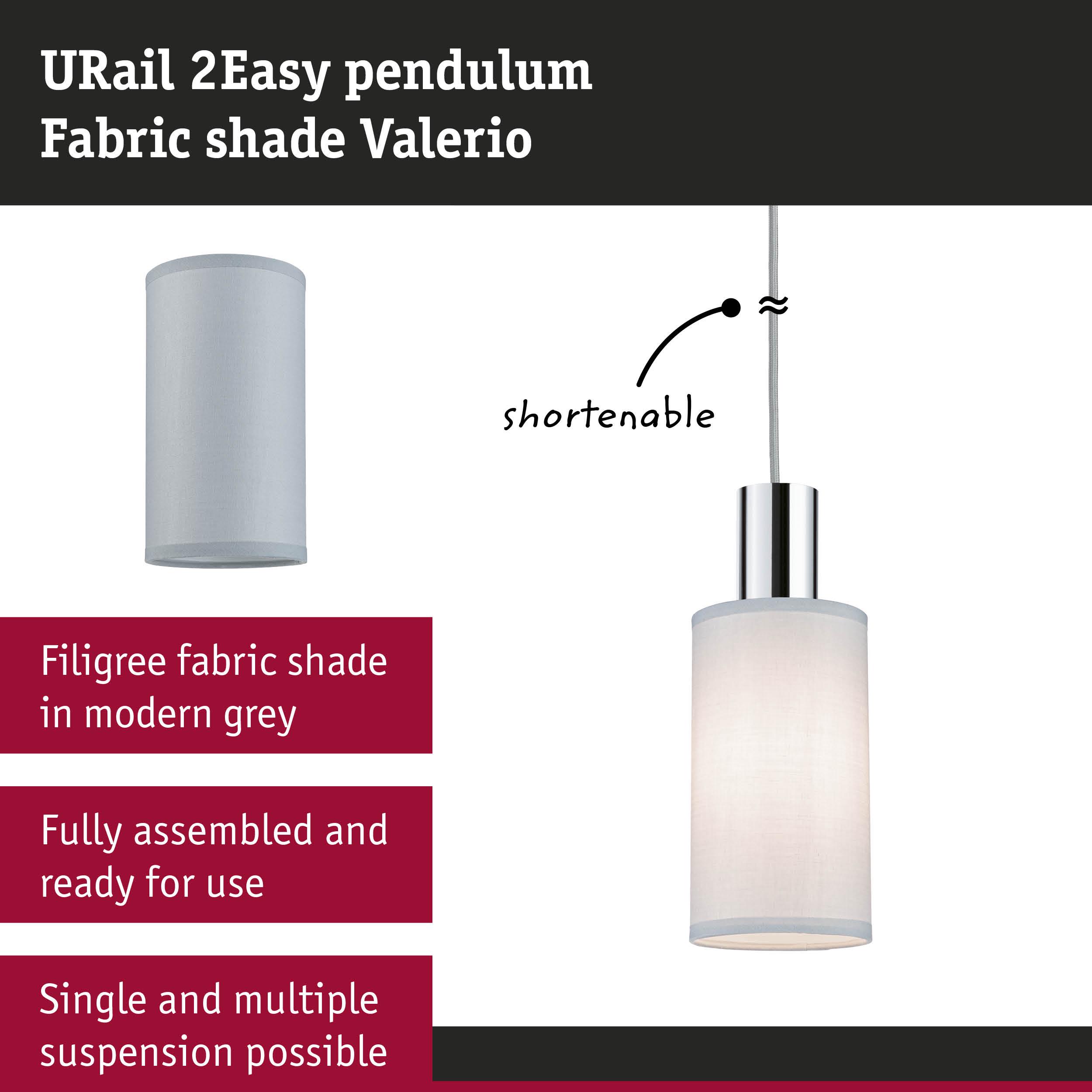 URail 2Easy pendant light with grey fabric shade and shorten cable for adjustable modern lighting