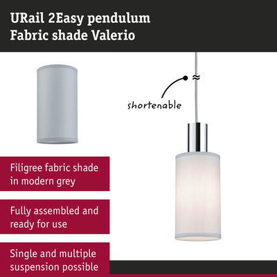 URail 2Easy pendant light with grey fabric shade and shorten cable for adjustable modern lighting