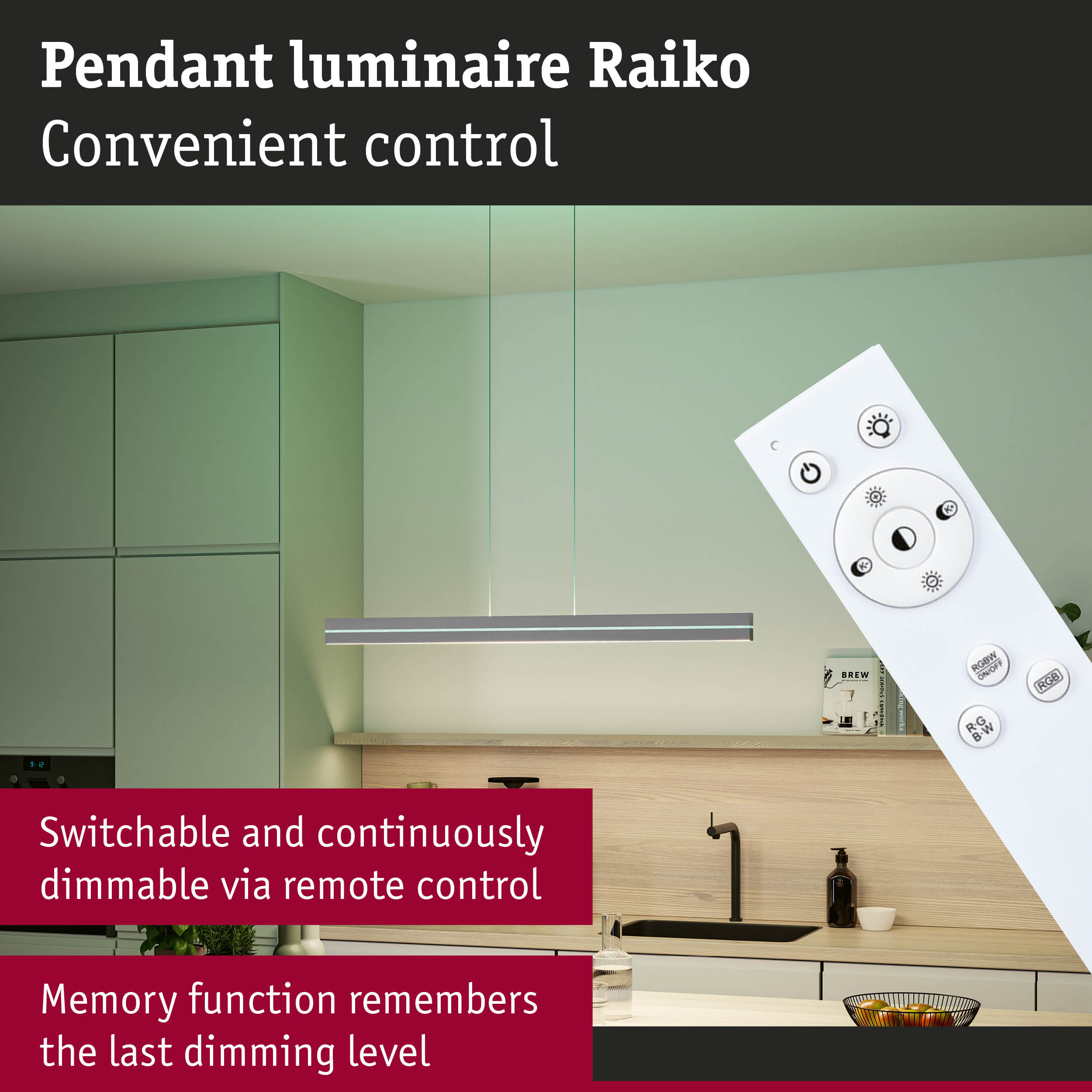 Raiko grey pendant luminaire with remote control, dimmable and memory function for modern kitchen lighting
