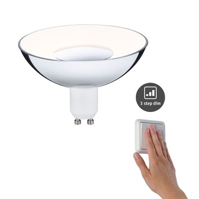Lampe réflecteur GU10 argent-blanc avec fonction de gradation en 3 étapes et main sur interrupteur