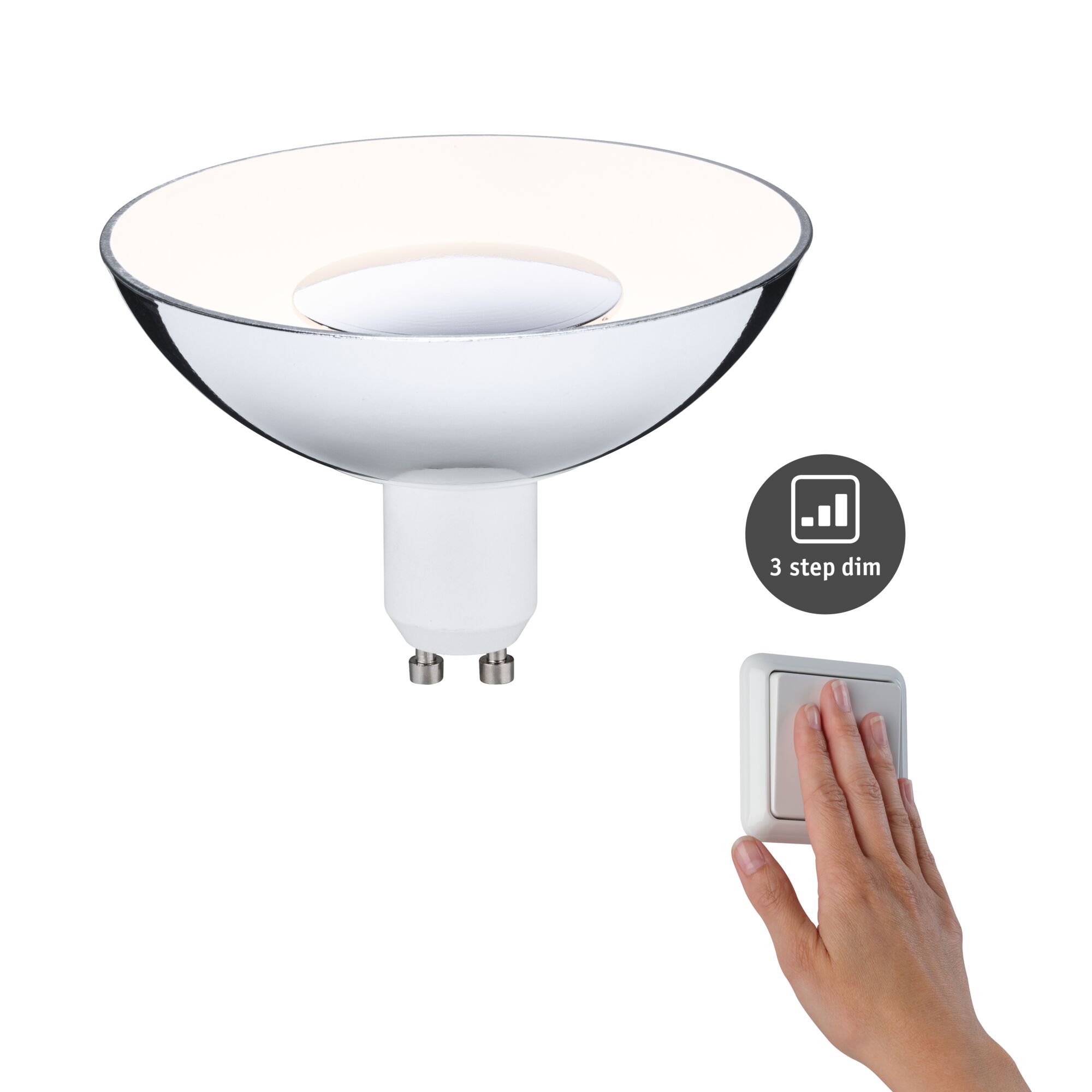 Reflektor LED 3-Step-Dim GU10 230V 360lm 4,9W 3000K ściemnialny Srebrny/Biały Silver-white GU10 reflector lamp with 3-step dimming and hand pressing light switch for adjustable lighting
