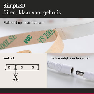 LED-strip met plakband aan achterkant, in te korten en eenvoudig aan te sluiten