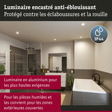 Luminaire encastré en aluminium IP44, anti-éblouissant et protégé contre les éclaboussures pour salle de bain