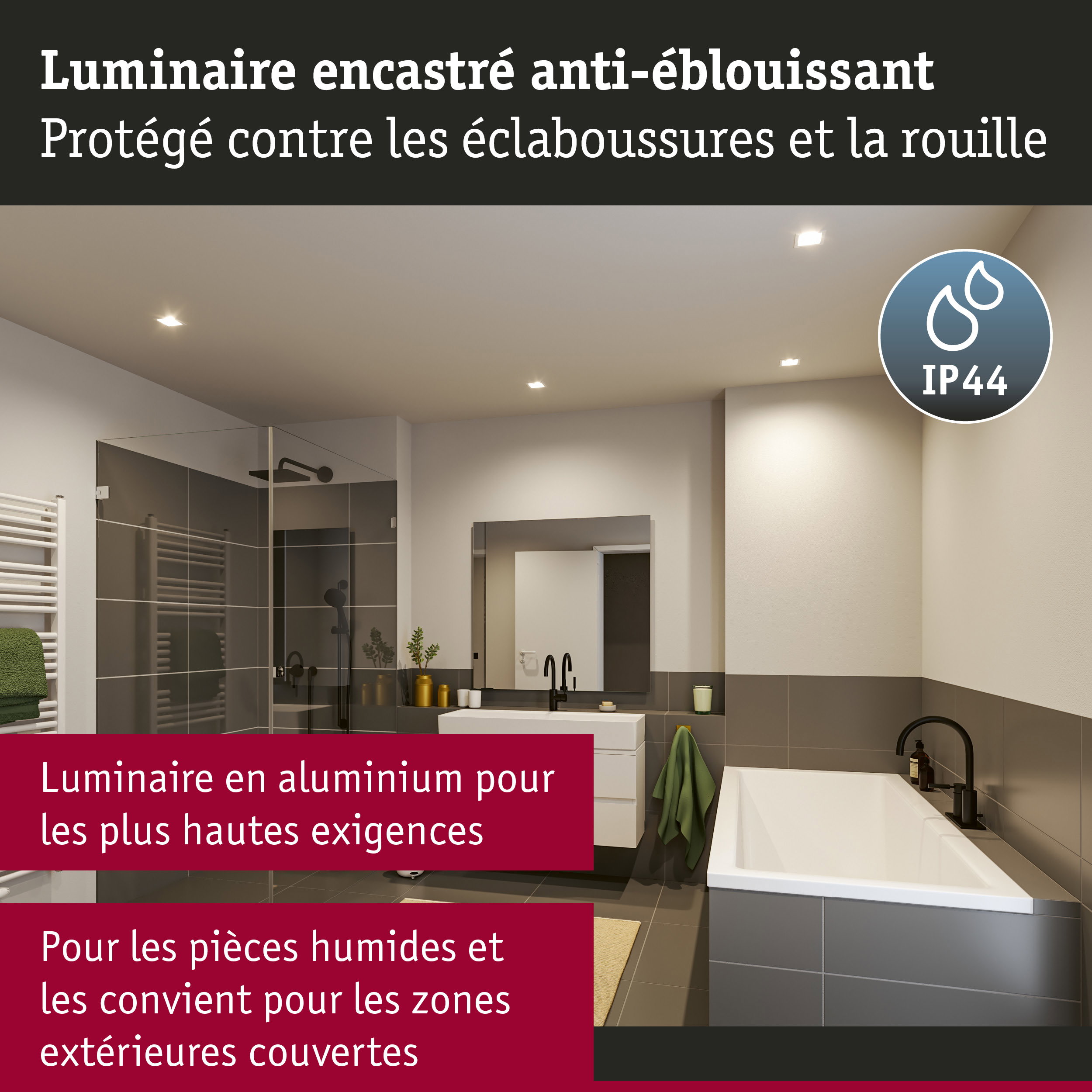 Salle de bain moderne avec luminaires encastrés en aluminium LED, protection IP44 contre les éclaboussures