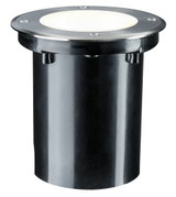 Spot encastré rond au sol en acier inoxydable et plastique noir avec lumière LED blanc chaud pour éclairage extérieur