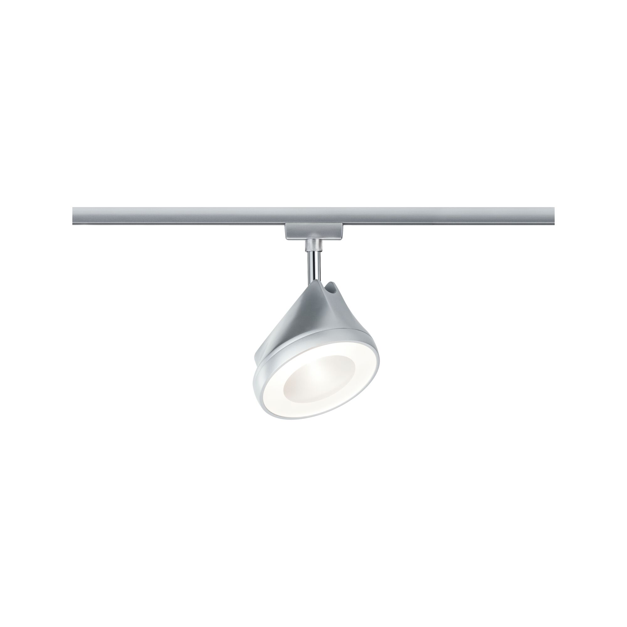 Moderner silberner LED-Spot aus Metall an Schienensystem für flexible Raumbeleuchtung