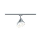 Moderner silberner LED-Spot aus Metall an Schienensystem für flexible Raumbeleuchtung