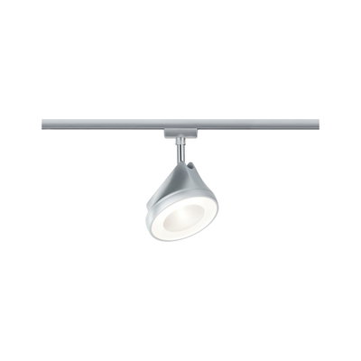 Moderner silberner LED-Spot aus Metall an Schienensystem für flexible Raumbeleuchtung