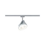 Moderner silberner LED-Spot aus Metall an Schienensystem für flexible Raumbeleuchtung