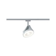 Moderner silberner LED-Spot aus Metall an Schienensystem für flexible Raumbeleuchtung