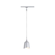 Modern silver metal pendant light with asymmetrical shade for track lighting system.