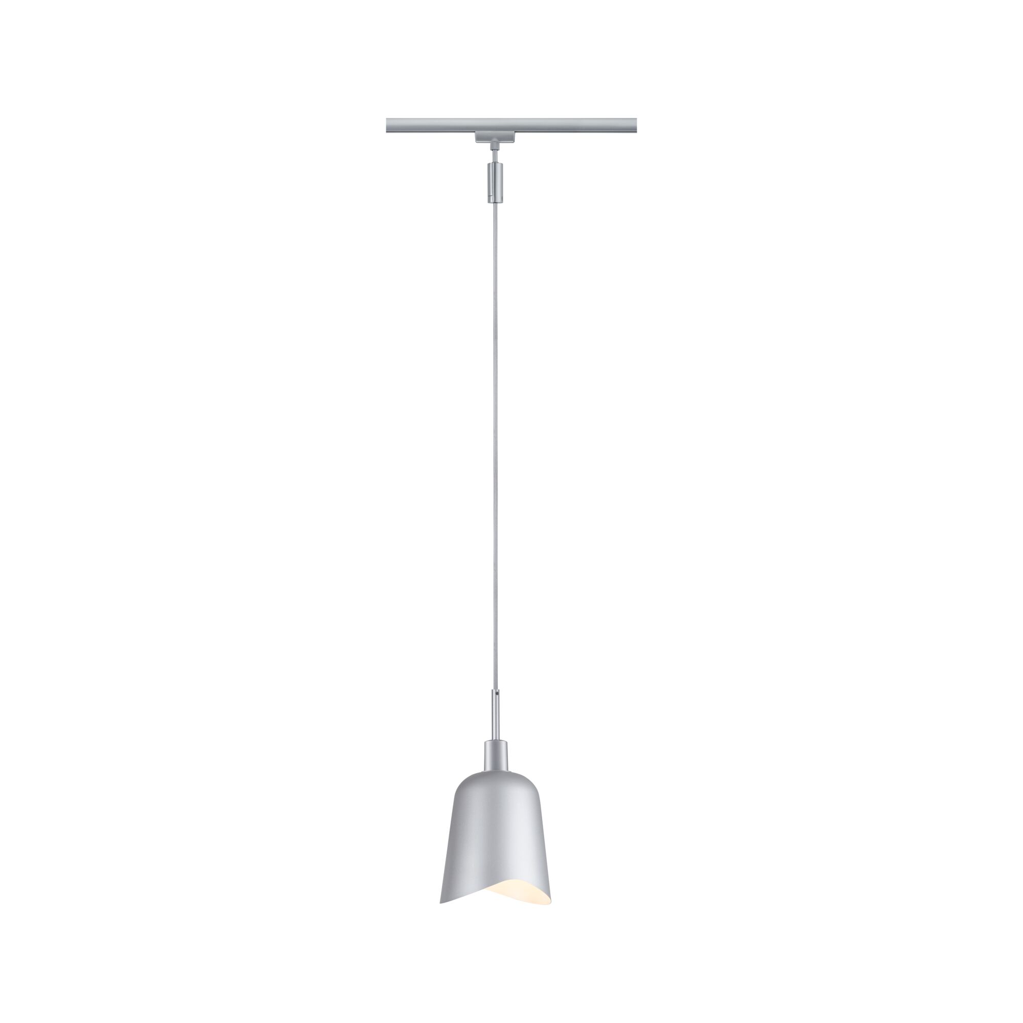 Modern silver metal pendant light with asymmetrical shade for track lighting system.