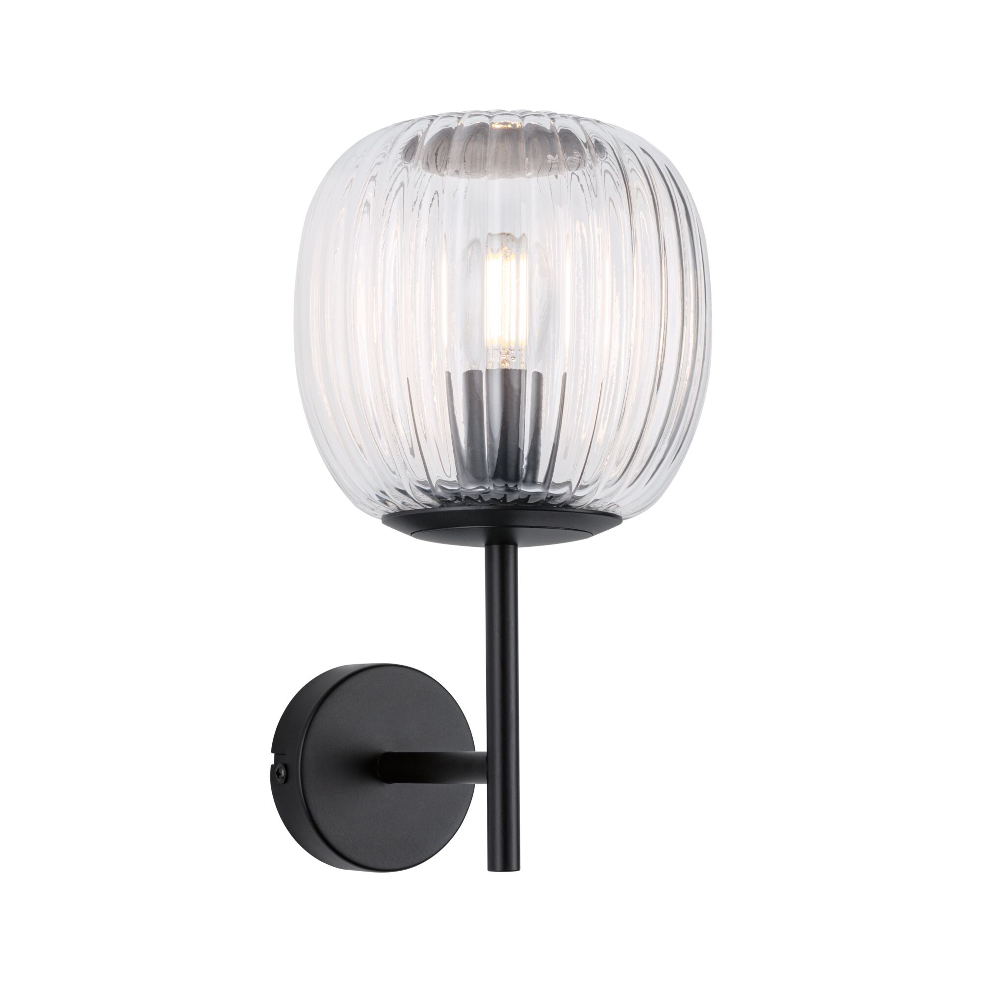Wall lamp with ribbed clear glass and matte black metal frame for modern interior lighting