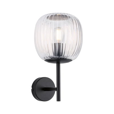 Wall lamp with ribbed clear glass and matte black metal frame for modern interior lighting