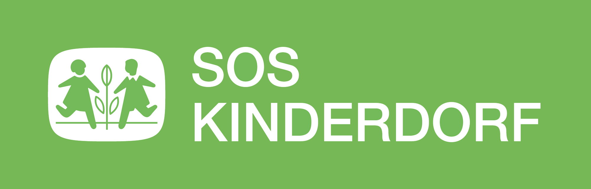 Grønt SOS Børneby-logo med to stiliserede børn og plante, symbol på børnehjælp