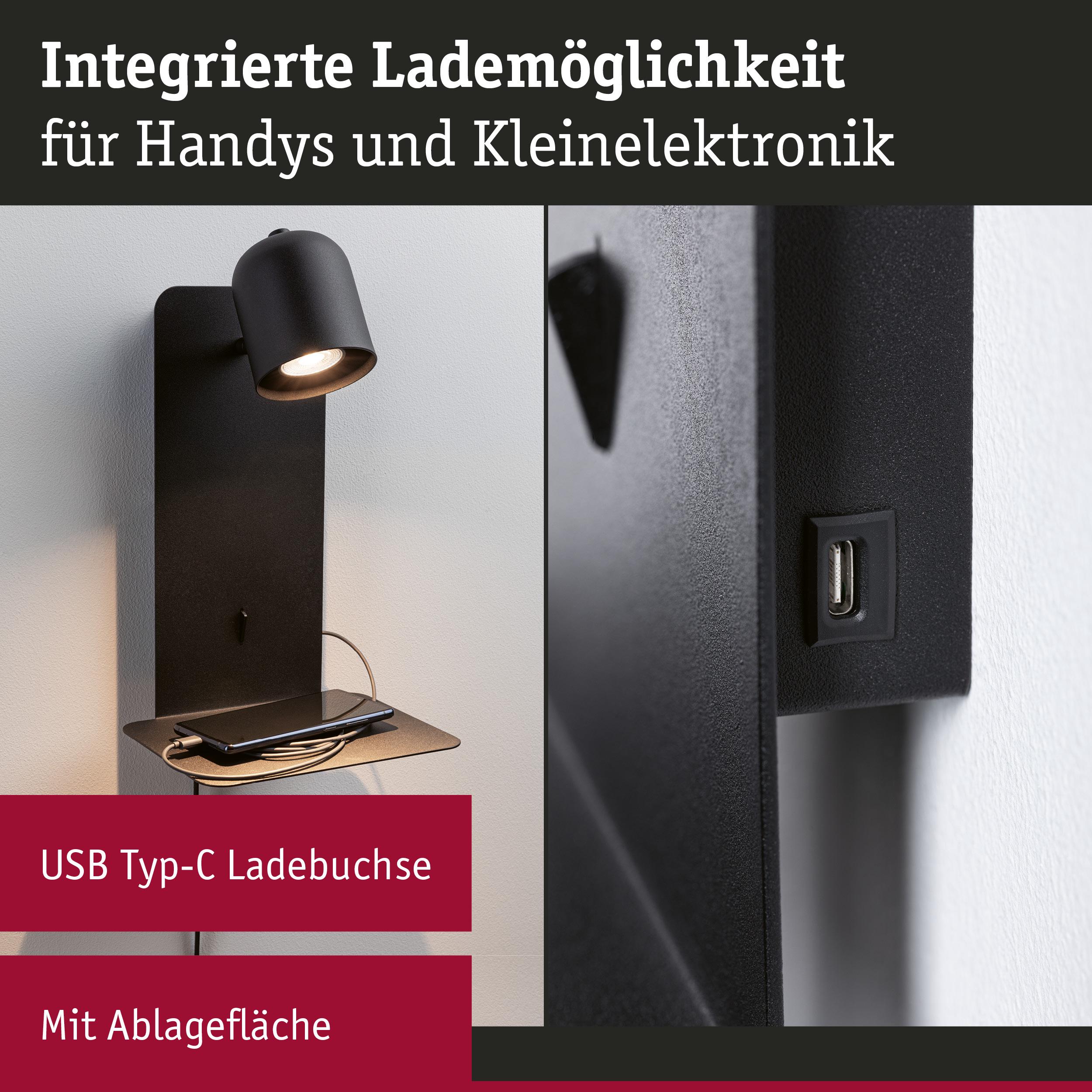 Schwarze Wandlampe mit USB Typ-C Ladebuchse und Ablagefläche für Handy und kleine Elektronik