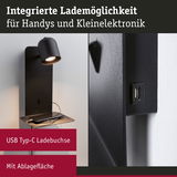 Schwarze Wandlampe mit USB Typ-C Ladebuchse und Ablagefläche für Handy und kleine Elektronik