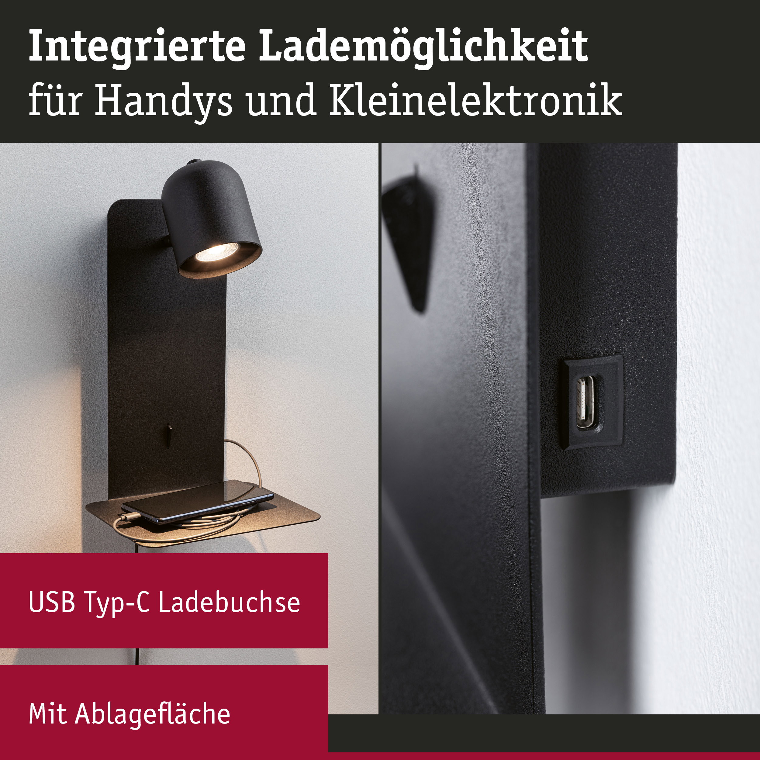 Schwarze Wandlampe mit USB Typ-C Ladebuchse und Ablagefläche für Handy und Kleingeräte