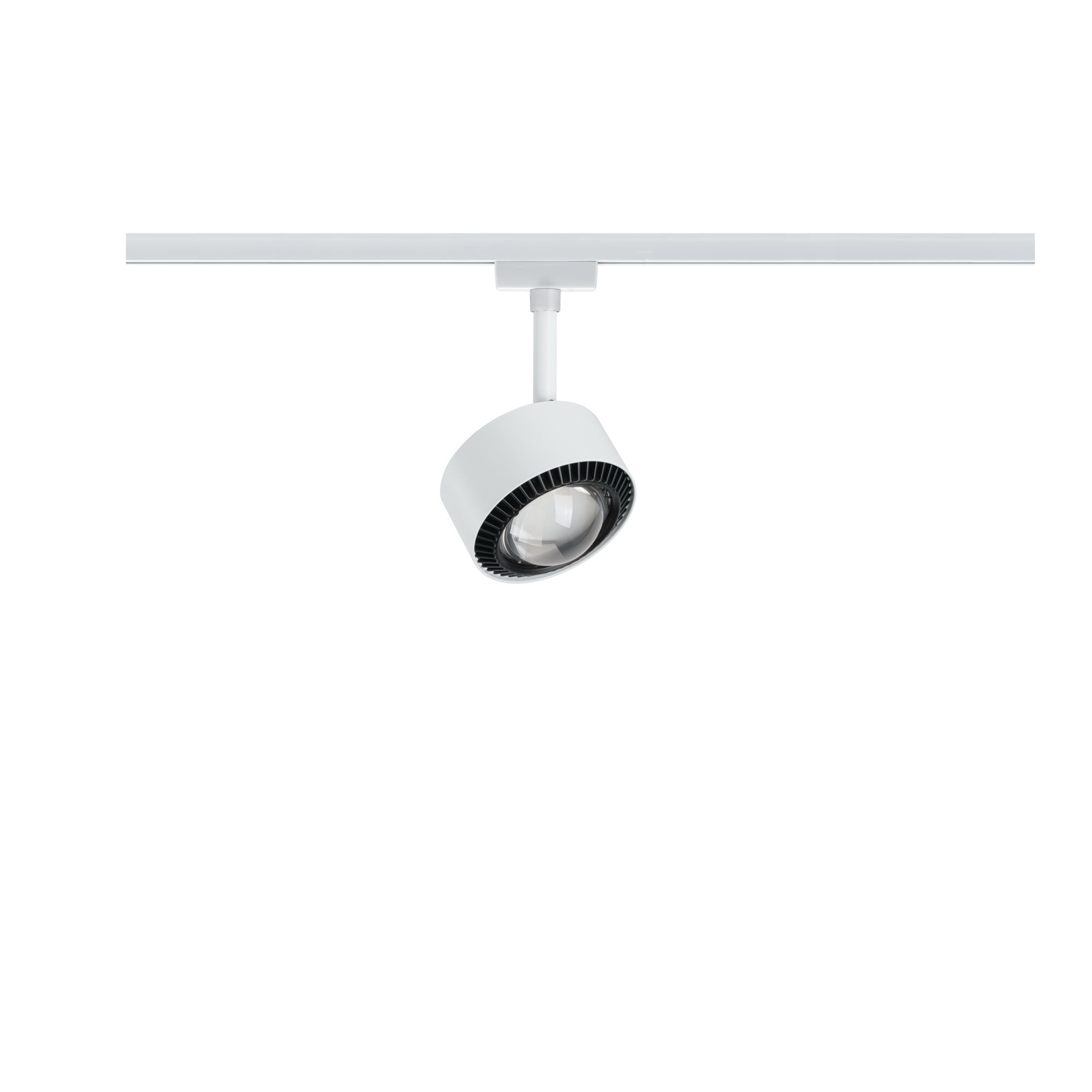Modern white metal LED spotlight with black fan ring for track lighting systems