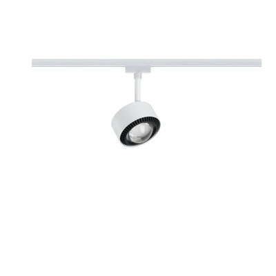Moderner weißer LED-Strahler aus Metall mit schwarzem Lüfterring für Schienensystembeleuchtung